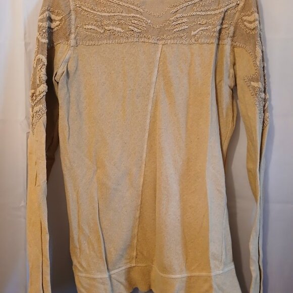 FREE PEOPLE Studded Mesh upper T-shirt Top XS Mustard Beige Scoop neck Boho LS - Picture 6 of 10